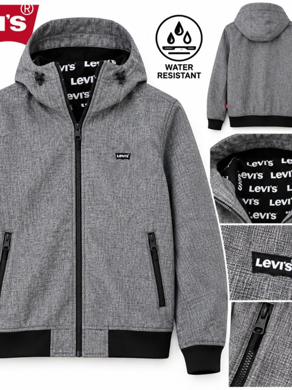 Levi's Men's Water Resistant Softshell Hooded Bomber Jacket Gray Size L